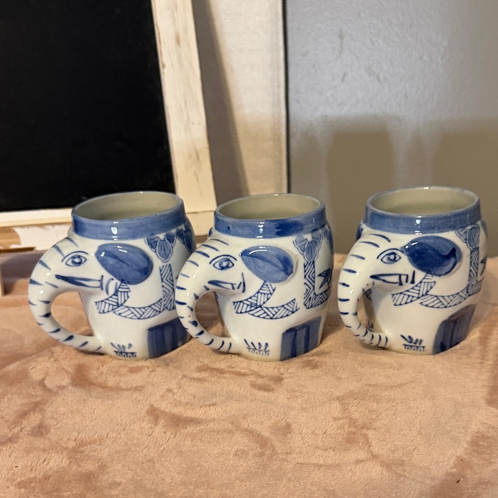 Vintage Pier 1 Blue and White “Good Luck Elephant “ Mugs set of 3